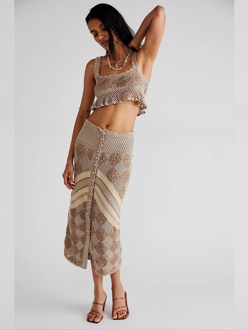 Free People Touch The Sun Crochet Set Taupe Crop Tank & Button-Front Midi Skirt